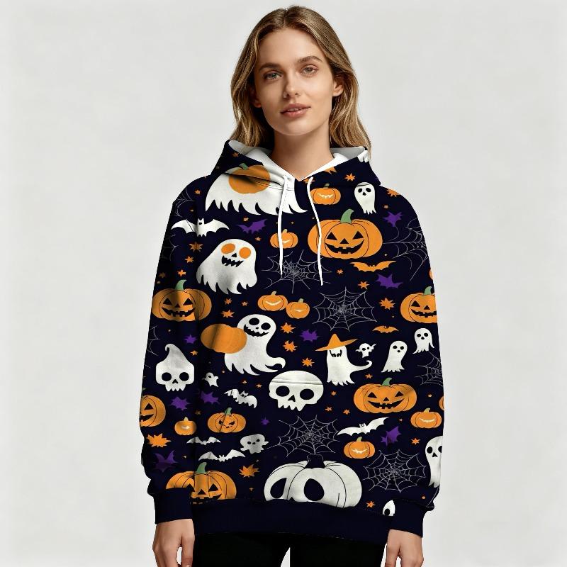 New Female Halloween Hoodie with Cute Ghost Pumpkin and Skull Pattern Warm Long-sleeved Pullover Autumn and Winter Casual Clothing