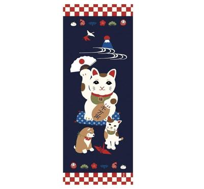 HAMAMONYO Bild Tenugui Wandteppich Maneki Neko Glückskatze und Freunde