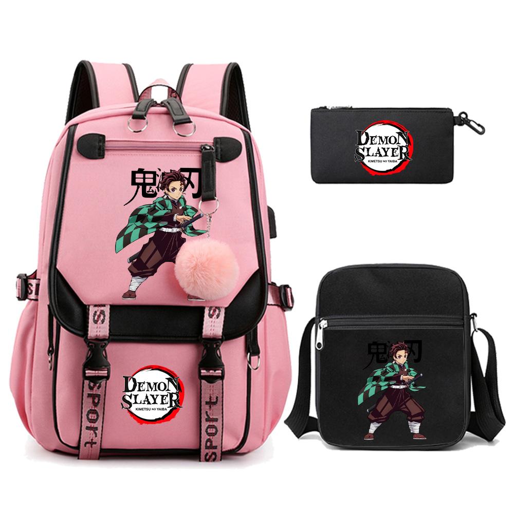 3Pcs/set Cartoon Demon Slayer Printed Backpack with Shoulder Bag for Teenager Student Girl Boy Bookbag Large Capacity Travel Bag