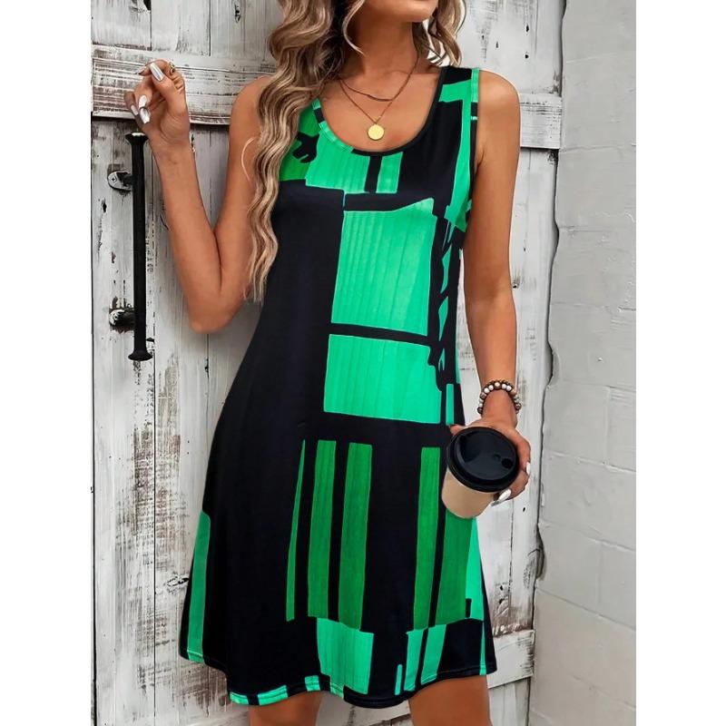 

Летнее женское платье без рукавов с геометрическим узором Для летнего отпуска Платья для женщин Летние женские Бохо Миди платья Y2K S