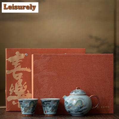Niebieski Ru Kiln Pomyślny Smok Zestaw do Herbaty Kompletny Zestaw Elegancki Zestaw do Ceremonii Herbacianej Zestaw Czajniczka i Filiżanek Serwis Herbaciany Dekoracja
