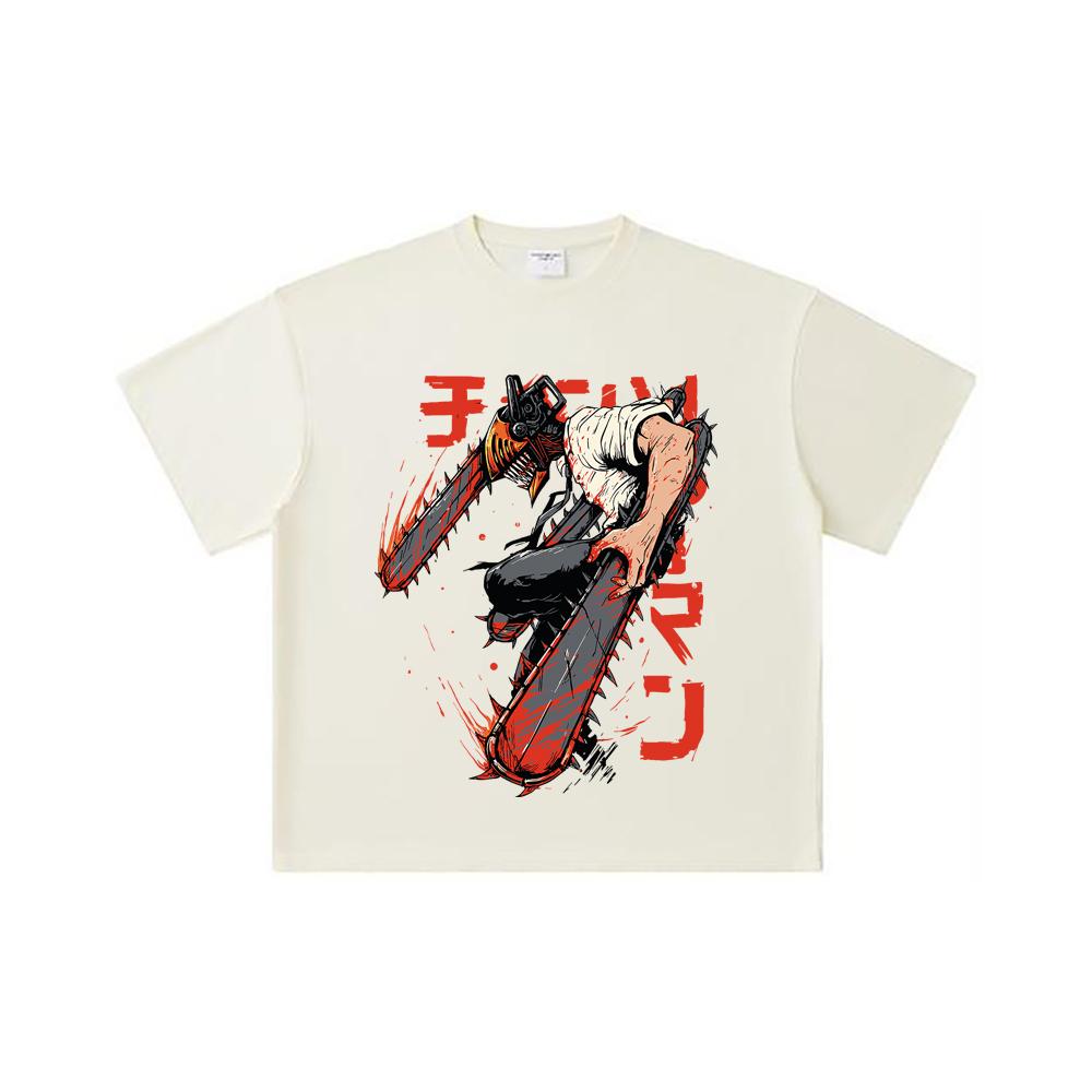 260 GSM Double Yarn 32 Count 100% Cotton Chainsaw Man V21 Denji Print Unisex Heavy Cotton T Shirt