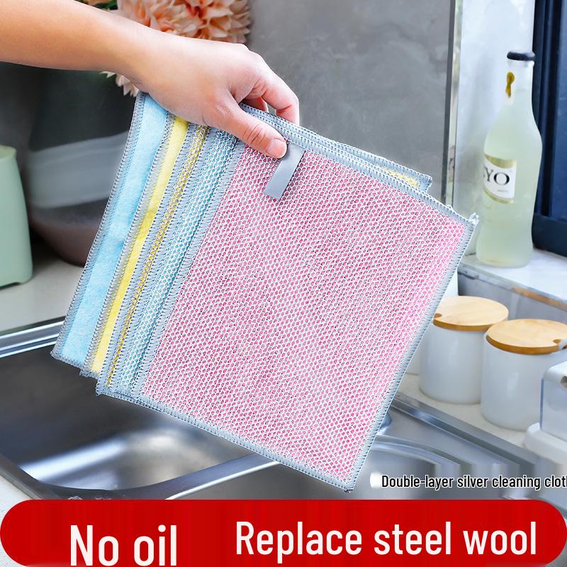 Silver Steel Wire Double-Sided Dishcloth - Non-Stick, Oil-Proof, Thick Scouring Pad for Stain Removal.