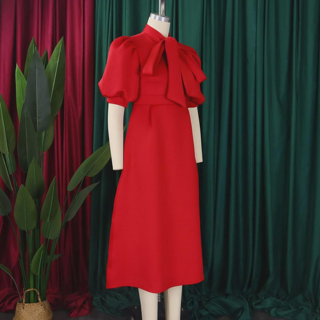 2024 Summer European & American Short-Sleeve Tie-Bow Puffy Banquet Dress