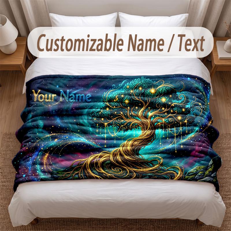 Pătură moale cu tematica Arborele Vieții Personalizată cu Numele Clientului Text Imprimat Pătură Caldă Decor pentru Casă Canapea Dormitor