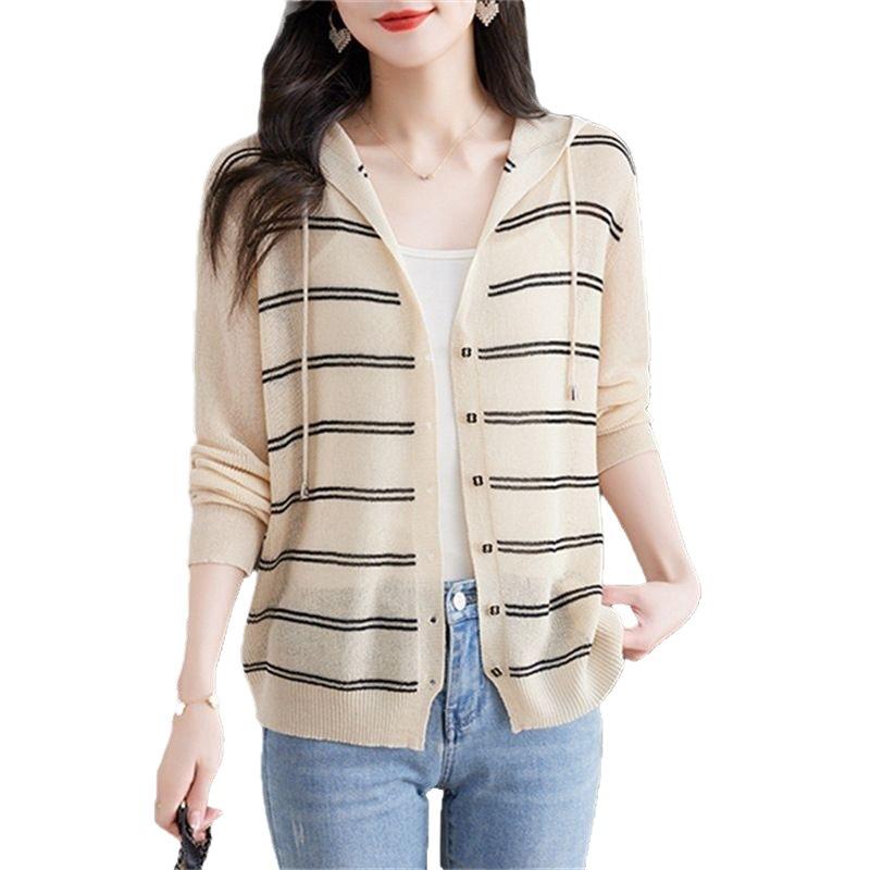 Striped Hooded Sun Protection Cardigan for Women Loose and Slimming Knitted Shirt Sweater