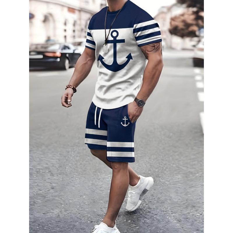 

Men s Color Block Short Sleeved Round Neck T-shirt And Waist Cinching Shorts Set Summer S
