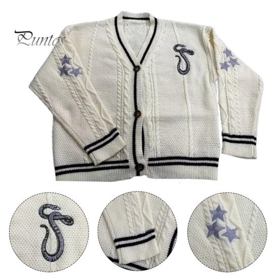 

Женский свитер-пальто с v-образным вырезом и длинным рукавом с вышивкой и звездным узором, вязаный свитер с контрастными манжетами, однобортный вязаный кардиган L чёрный