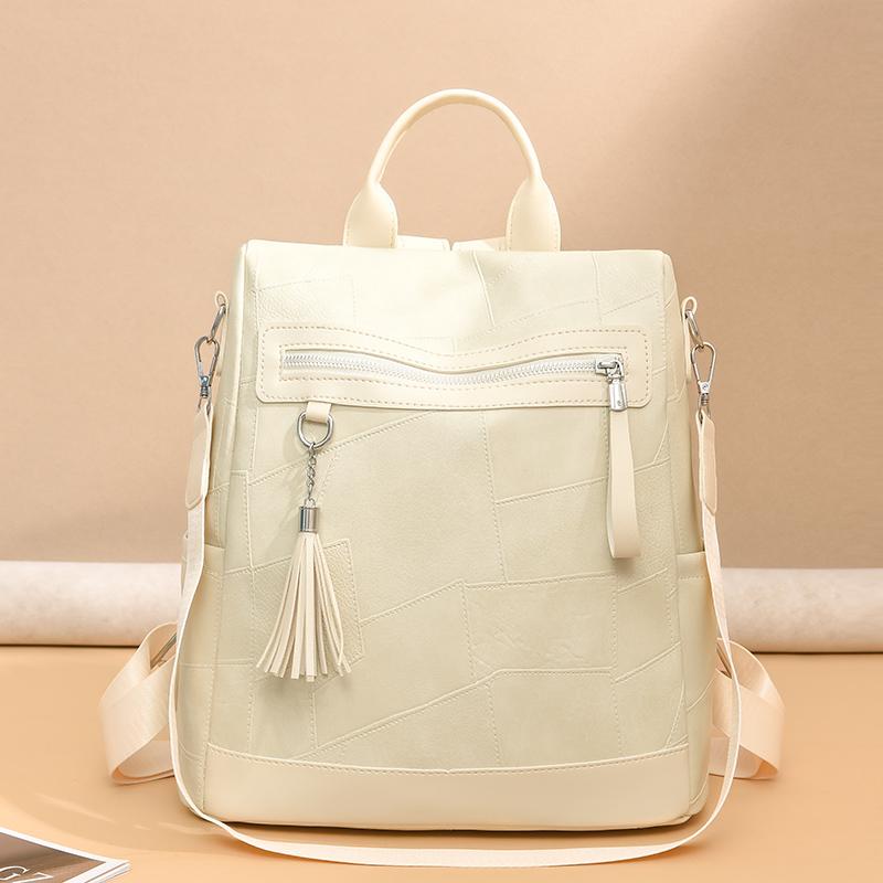 Women's PU Backpack with Patchwork Design Large Capacity Shoulder Bag for Daily Travel
