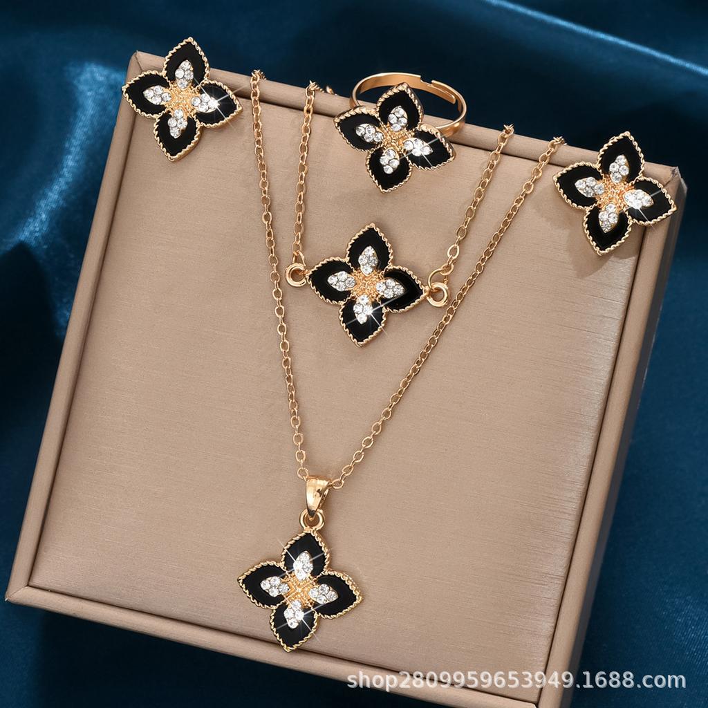 Neues Glücksklee Halskette Ohrringe Armband Ring Set, Vierblättrige Blume Damenschmuck 128