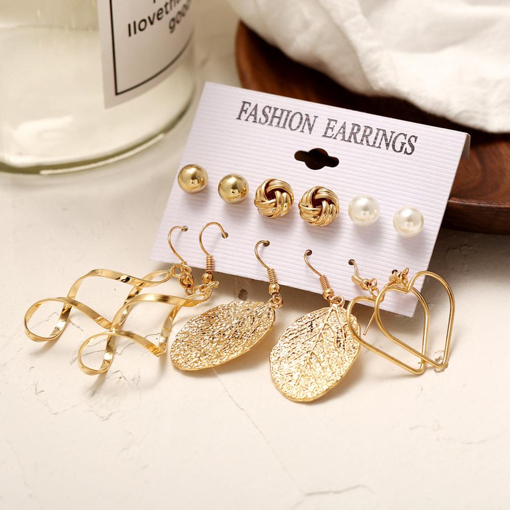 6pairs/set Women Stylish Leaf Pearl Tassel Earrings Set