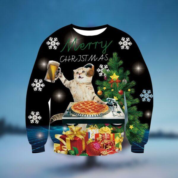Jing Beer Pizza Cat Ugly Christmas Sweater BG Unisex T-Shirt L