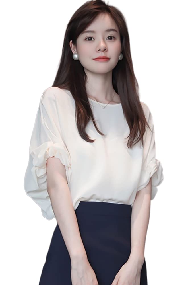 

Блузка Летний Топ с Круглым Вырезом Рубашка с Коротким Рукавом Шифон Однотонная Куртка-Пуловер Свободного Кроя Стильная Женственная Чистая Взрослая Повседневная OL Для Поездок на Работу [H. zroy] бежевый