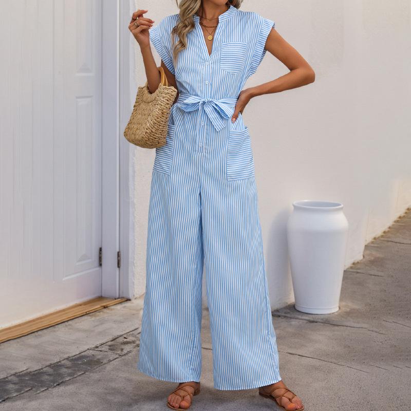 

Женские модные повседневные летние весенние полосатые брюки без рукавов с v-образным вырезом и высокой талией, комбинезоны и ромперы XL синий
