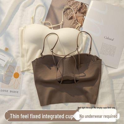 Women's U-Shaped Strappy Tank Top with Chest Pads - Integrated Long Bra Bandeau Style