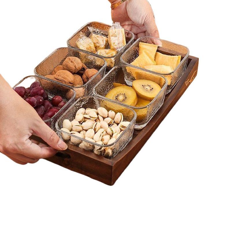 Luxury Glass Walnut Fruit & Snack Plate with Candy Compartments for Living Room Coffee Table