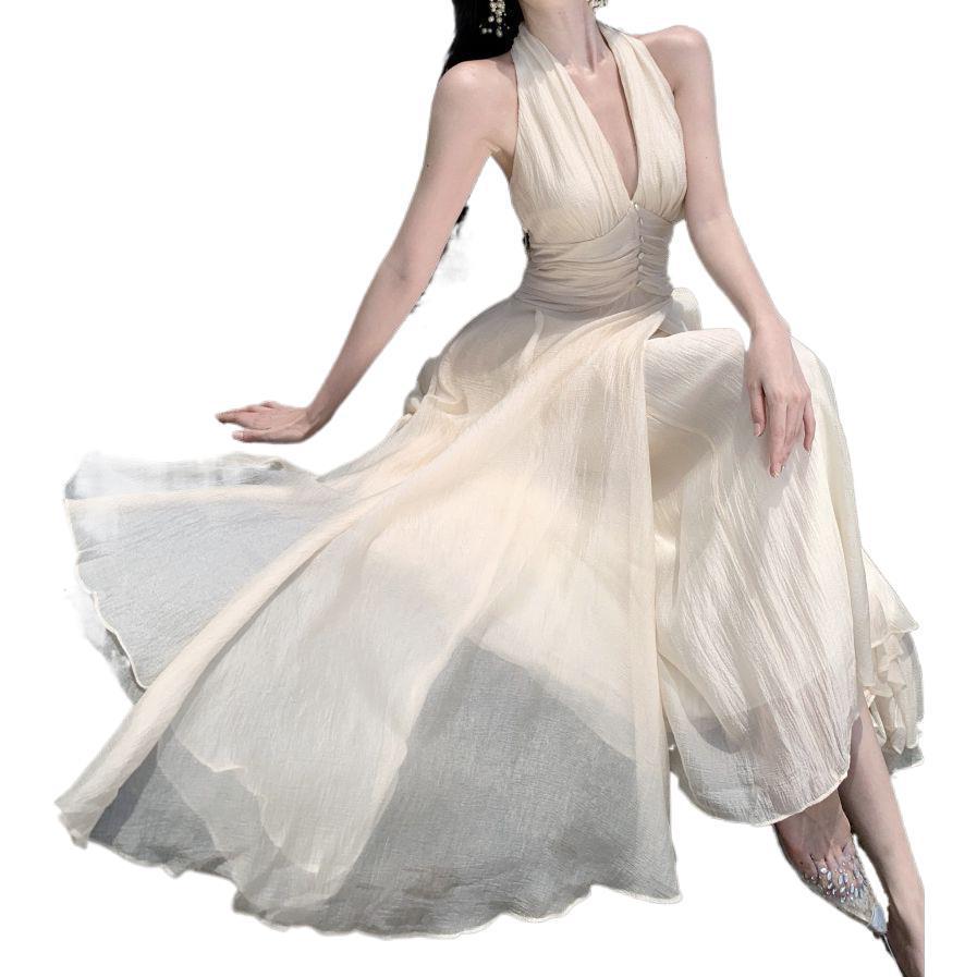 French Goddess Style Backless Halter Dress – Summer Beach Fairy Long Skirt