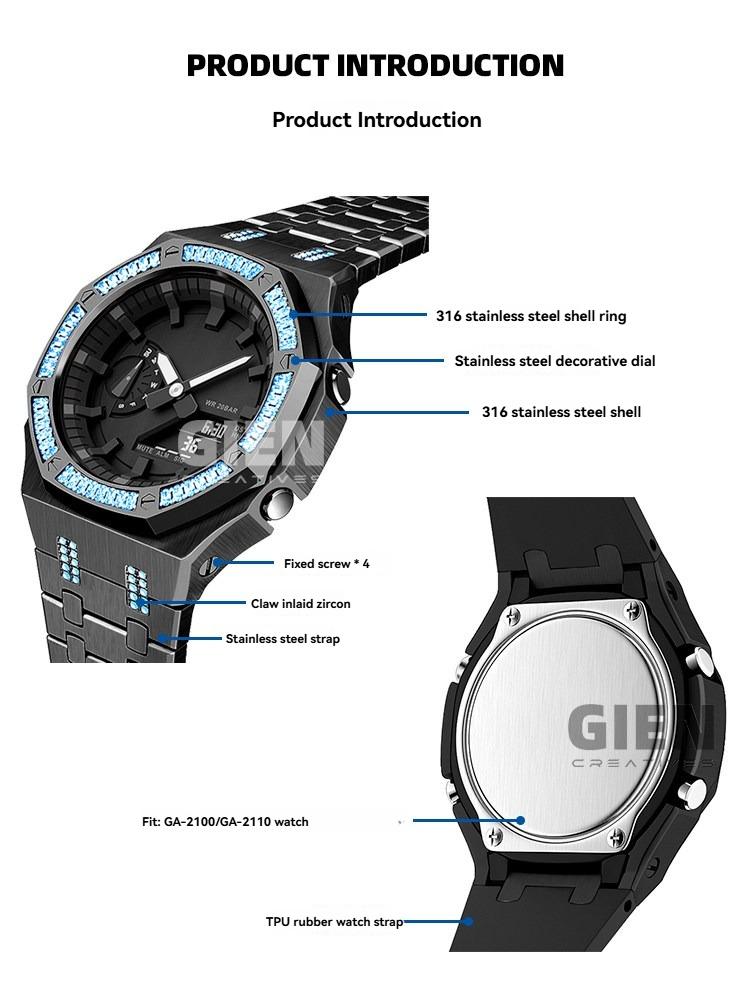 For Casio Octagonal Sport Watch GA2100/GA2110/GA-B2100 Modified Stainless Steel Metal Blue Diamond Case Strap Set Accessories