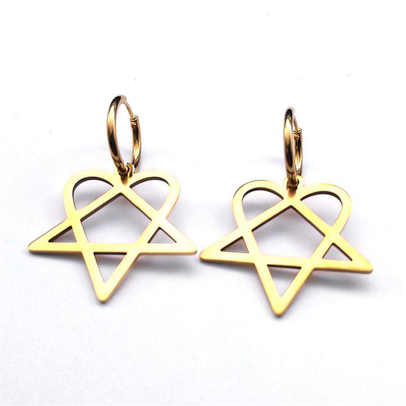 Goth Heartagram Star Dangle Hoop Earring Women Stainless Steel Black Color Rock Music Band HIM Fans Earrings Jewelry E2613S03