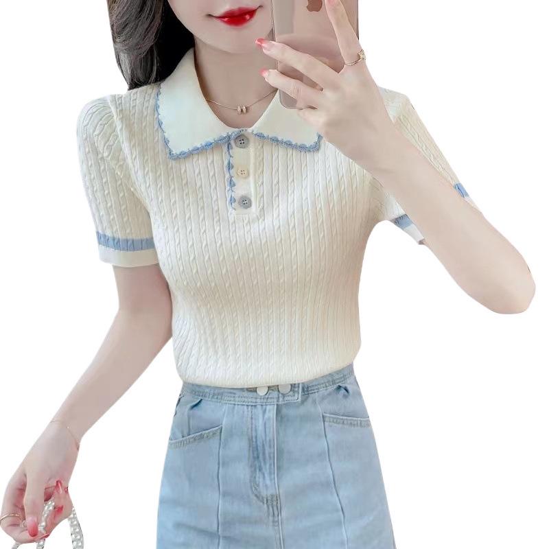 Women's Color Block Polo Collar Ice Silk Knit Top - Summer 2025 Edition