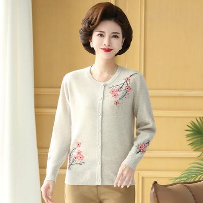 Middle-aged and Old Women's Sweater Bottoming Shirt Autumn New Heavy Industry Embroidered Cardigan Mother Fashion Age Reduction