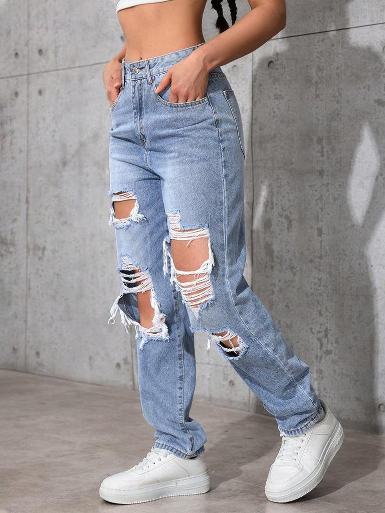 Jeans strappati da donna - Nuova tendenza europea americana, Lavati, Casual, Versatili, Elasticizzati, Larghi, Gamba dritta