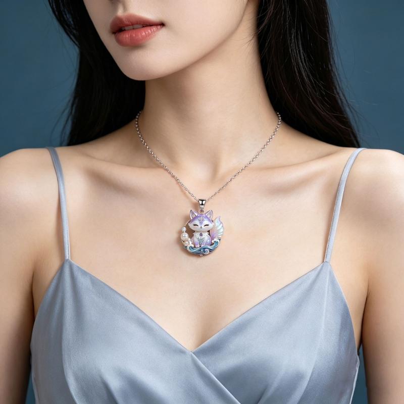 Nine-tailed Fox Enamel Pendant Necklace Waterproof Chinese Traditional Jewelry Durable Chain for Women Graduation Gift