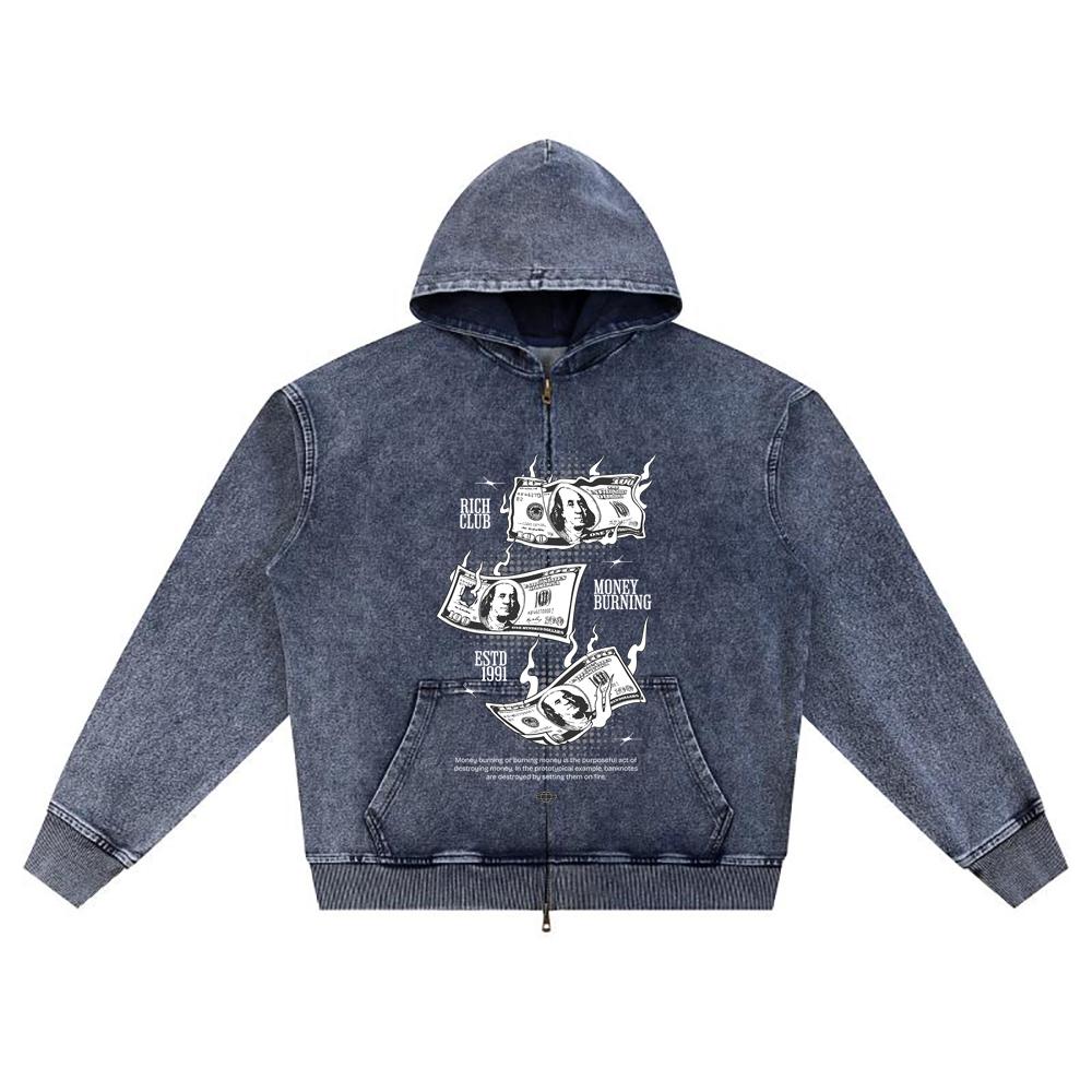 DTG print Knitted Denim Zip-Up Hoodie Money Burning Brother Print Zipper Hoodies  