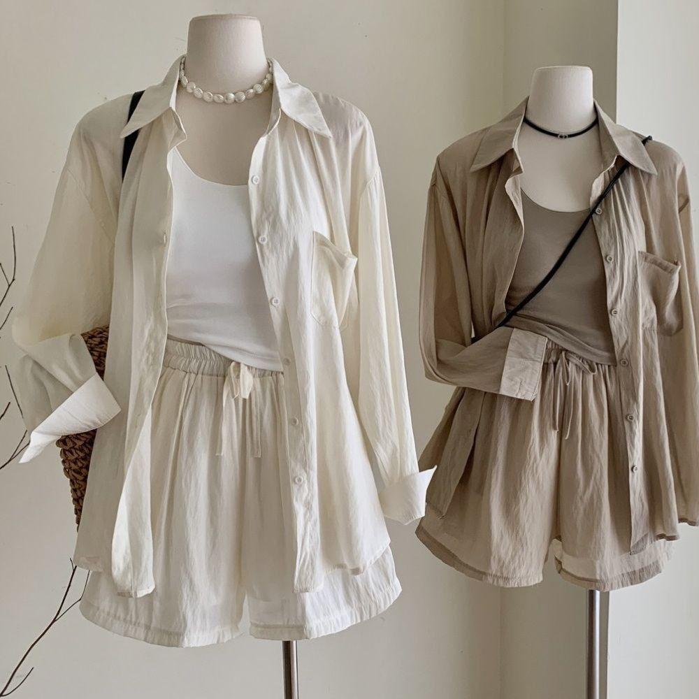 Women's Korean-Style Casual Sun Protection 3-Piece Set: Spring/Summer Cardigan, Camisole, High-Waisted Shorts