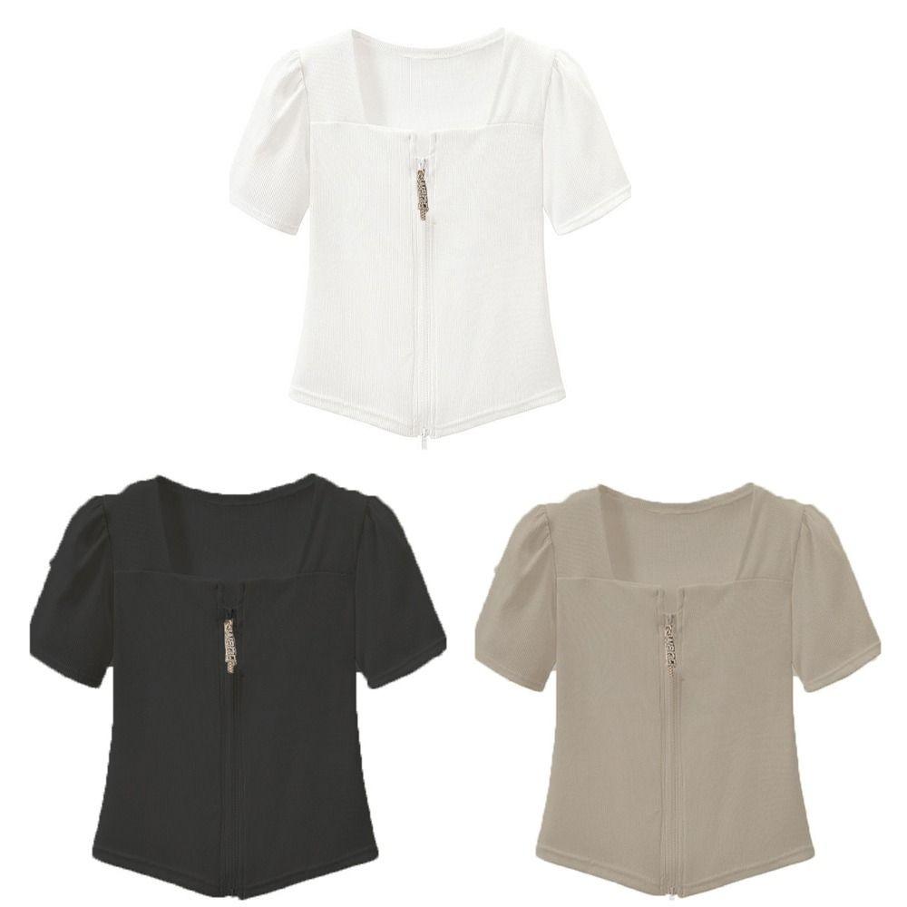 Loose Double Zipper T-shirt Square Neck Crop Tees for Women Fashion Short Sleeved T Shirts  Summer