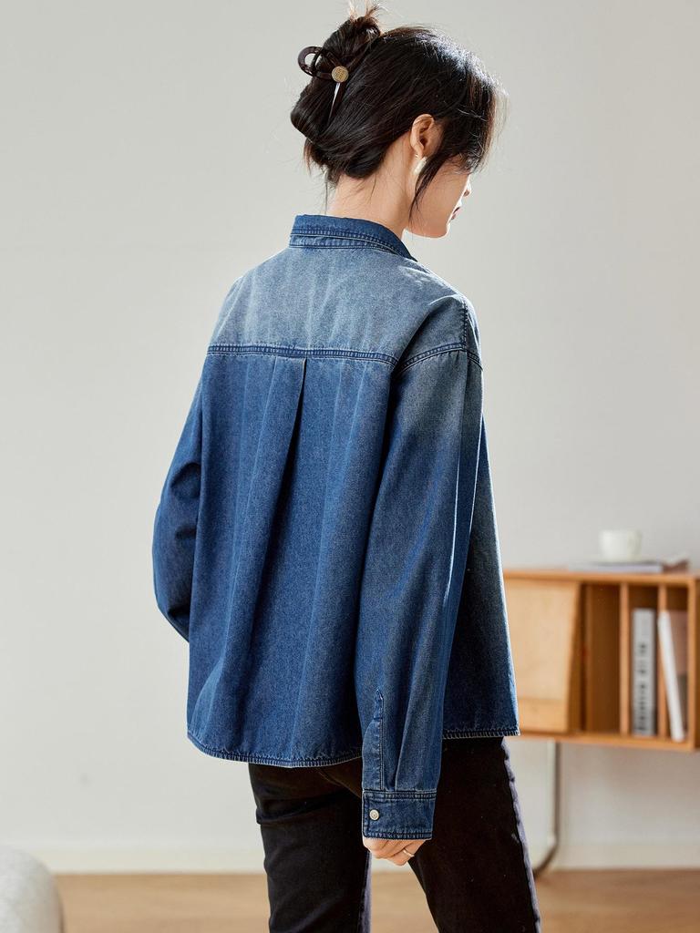 Retro Denim Blue Women's Long Sleeve Shirt Jacket - 2025 Autumn/Winter Fashion