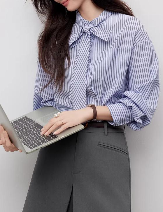 Striped Blue Collar Shirt for Women - 2026 Spring Collection, Style C66C234 S синий