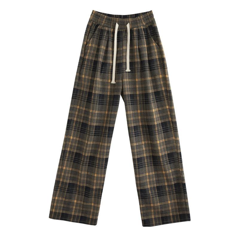 Thickened Plaid Pants Women's Fleece Pants Autumn and Winter High Waist Loose Lace-up Trousers Retro Casual Wide-leg Trousers