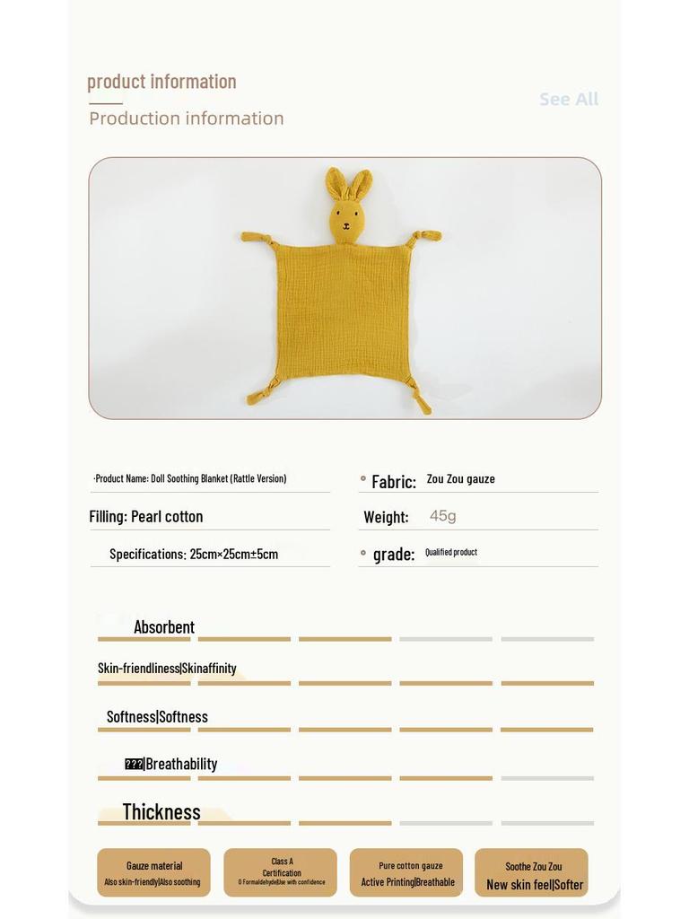 Baby Pure Cotton Comfort Blanket & Doll - Little Rabbit Crinkle Toy