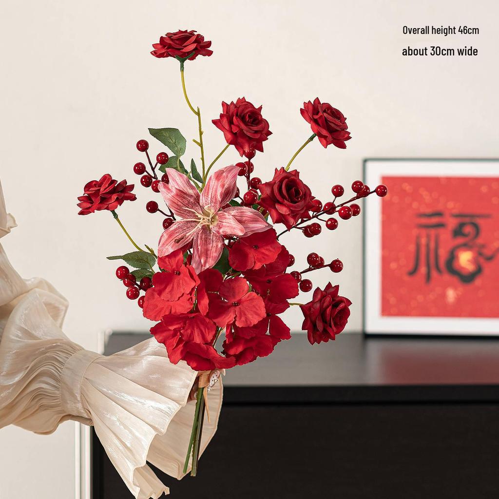 Spring Festival Red Fruit Faux Flower Arrangement for New Year, Wedding, Living Room, or Dining Table Décor
