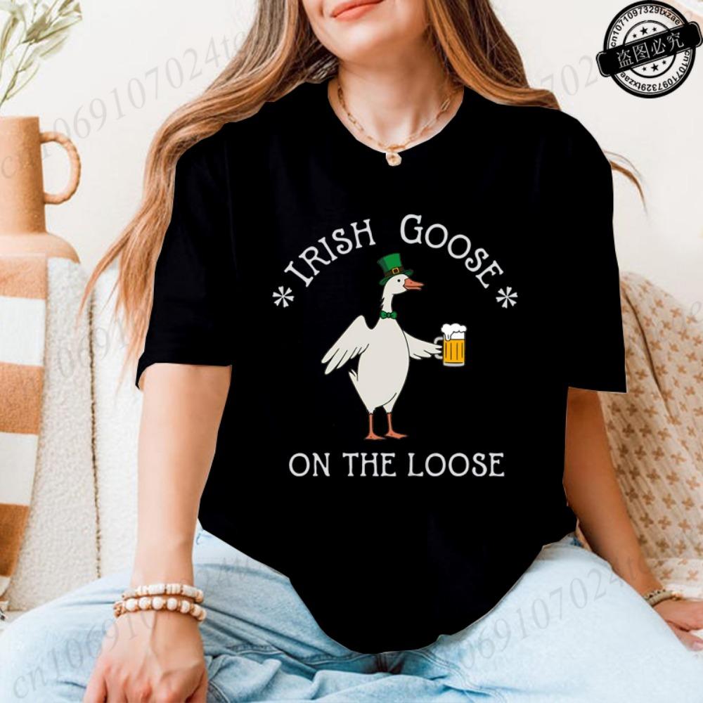 Lucky Goose on The Loose Printed Tshirt Shirt for Women St Patrick's Day T-Shirts Short Sleeve Drinking Goose Fashion Tops Tees