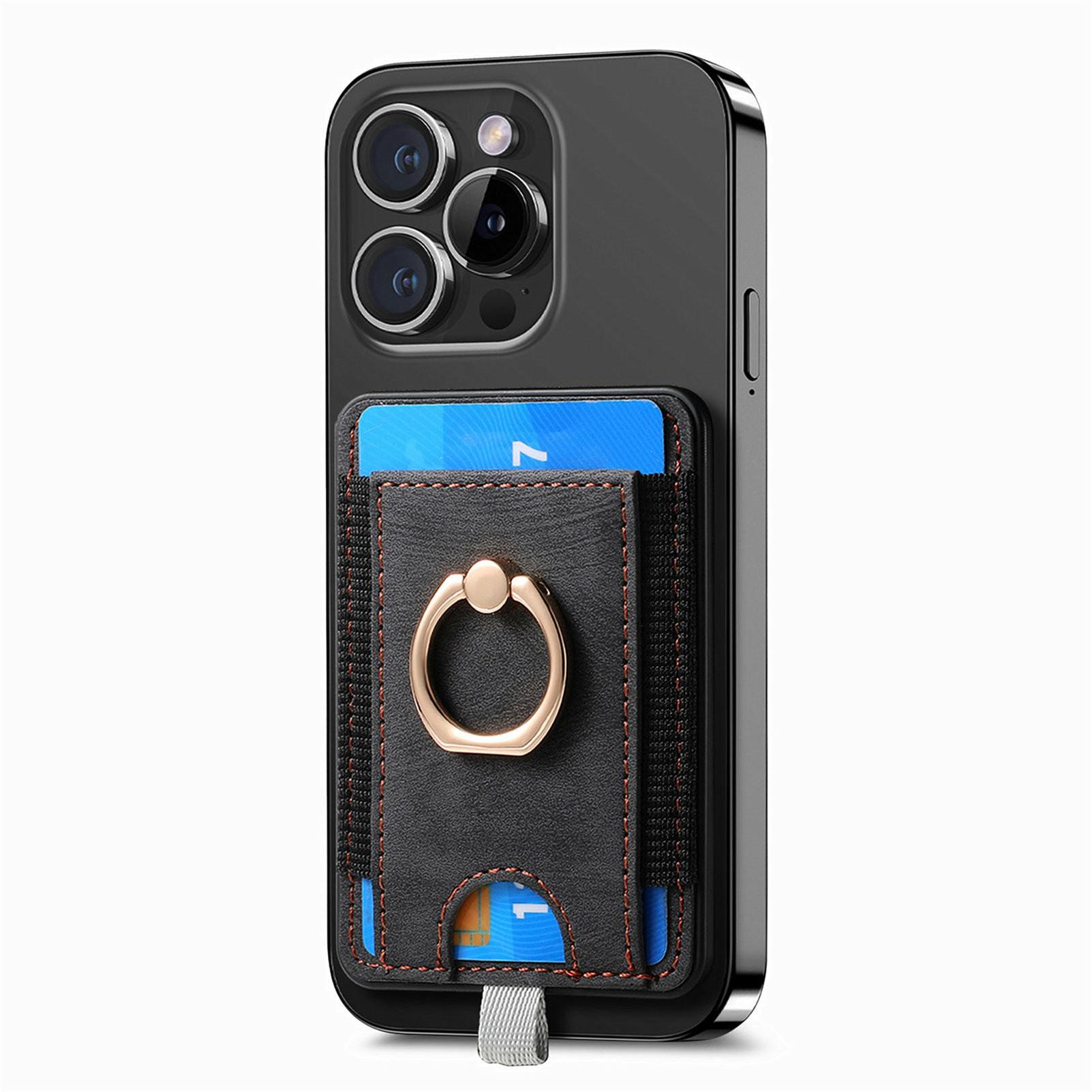 MC-W6 Universal Magnetic Card Holder with Ring Kickstand PU Leather Phone Card Bag A