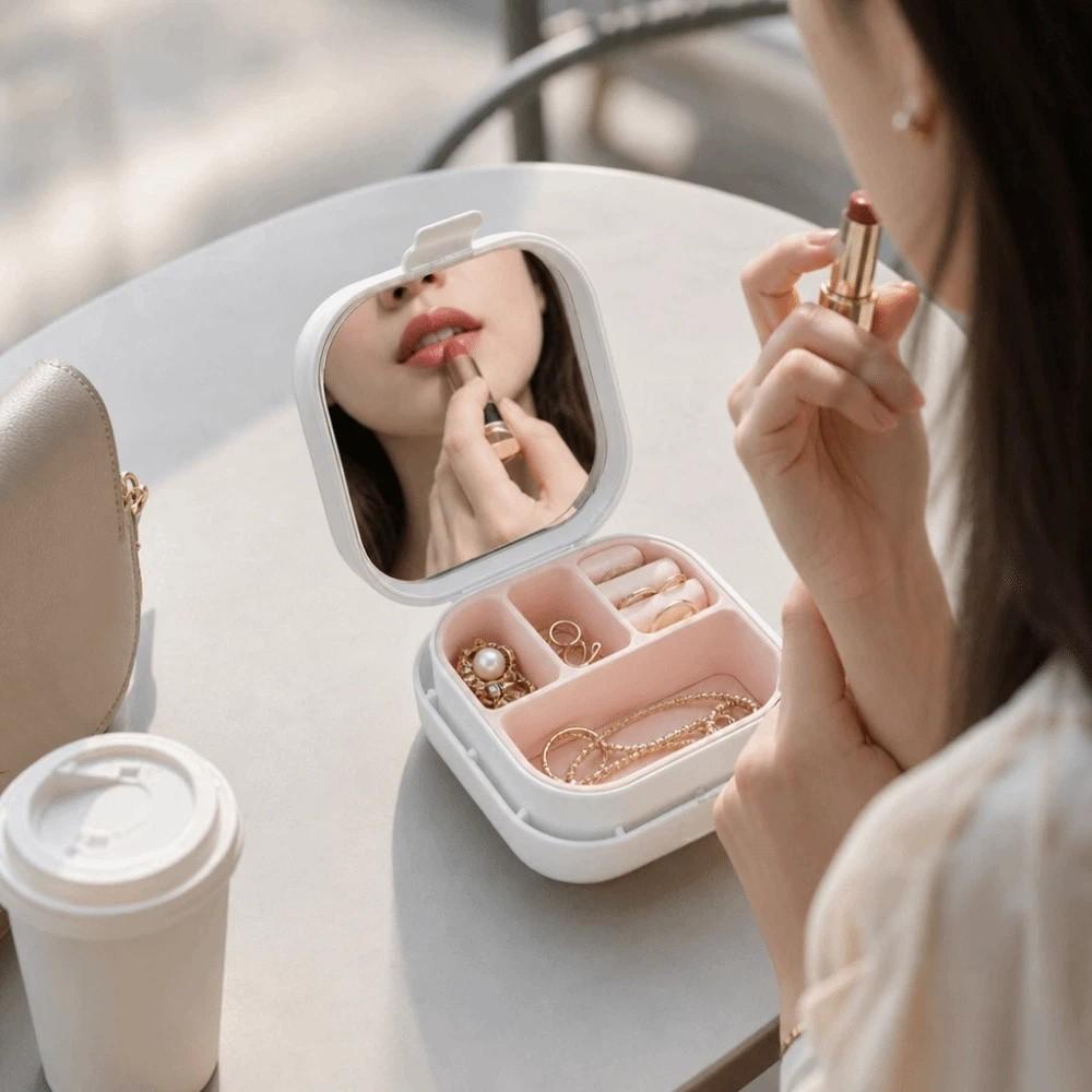 Portable Jewelry Box with Compartment Box with Mirror Small Desktop Organizer Makeup