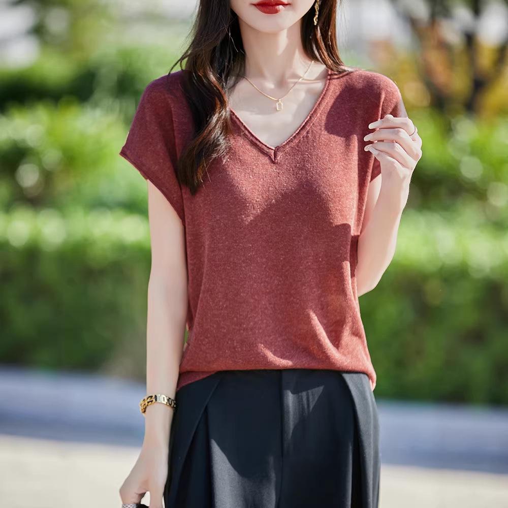 Women's V-Neck Lyocell Linen Knit T-Shirt - Spring/Summer 2026