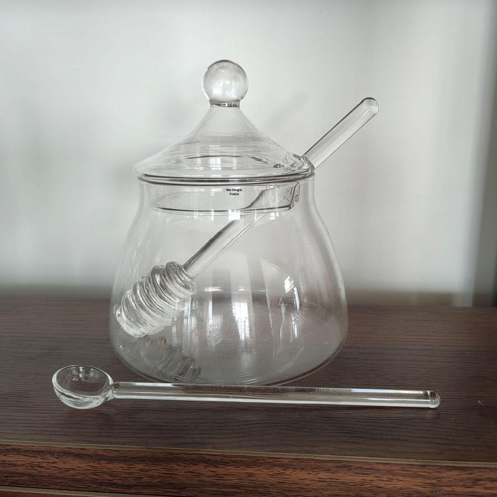 Honigglas aus hochborosilikatglas mit Rührstab - Transparenter Sirup- und Marmeladenbehälter