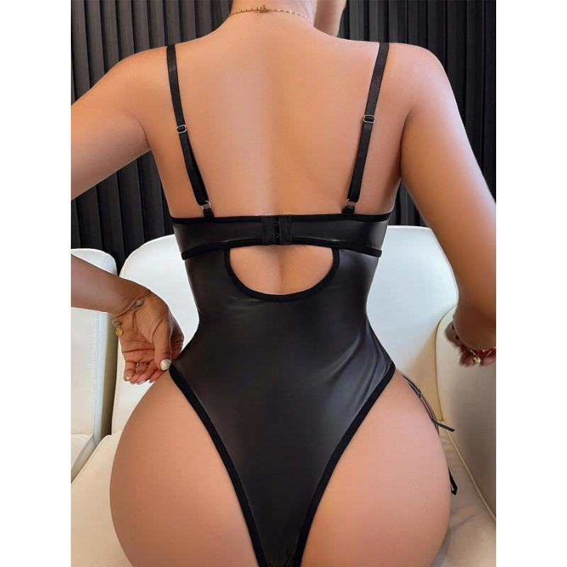 Ellolace Leather Bodysuit Lace Patchwork See Through One Pieces Elegant Black Body Lace Up Hollow Sexy Tops Sissy Lady Clothes