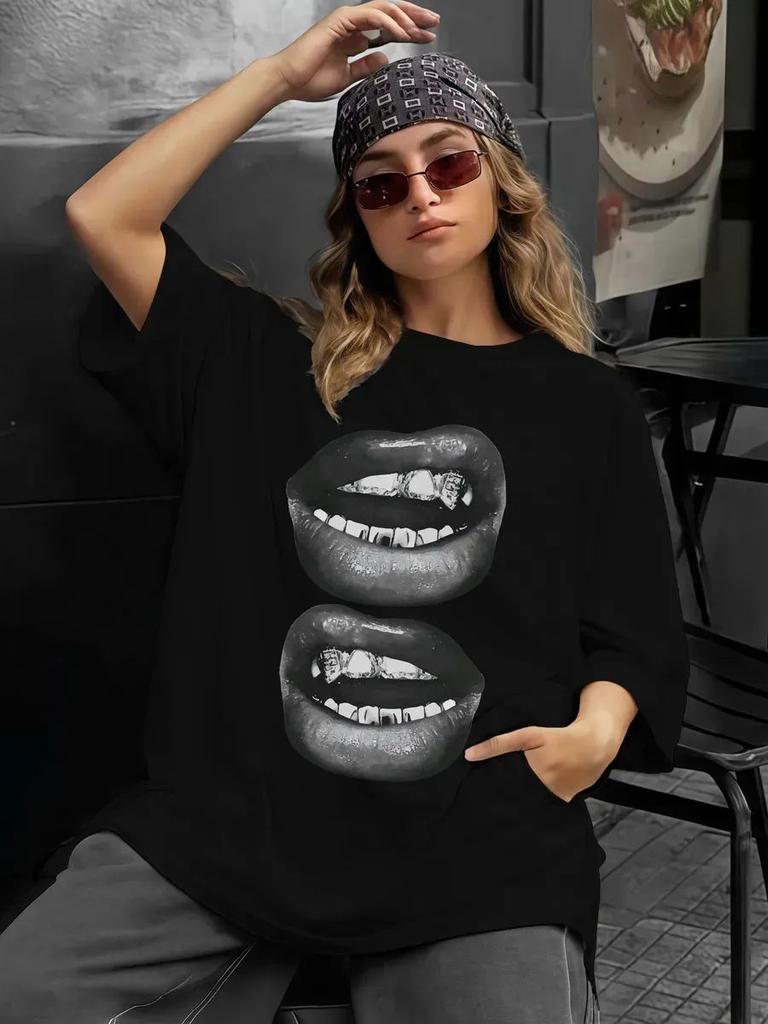 Street Hip Hop Big Mouth Tee Men's Women Punk T-shirt Casual Loose Cotton Oversized Y2k Short Sleeve Male Female Clothing