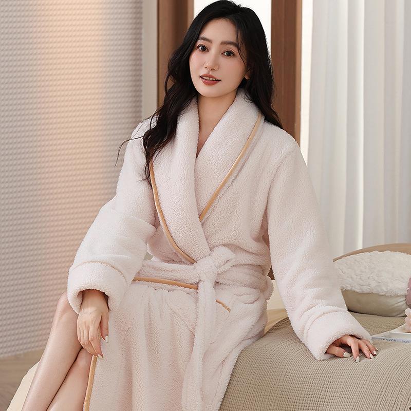 Women's Coral Fleece Long Bathrobe - 2025 Autumn/Winter, Warm & Simple Solid Color Homewear