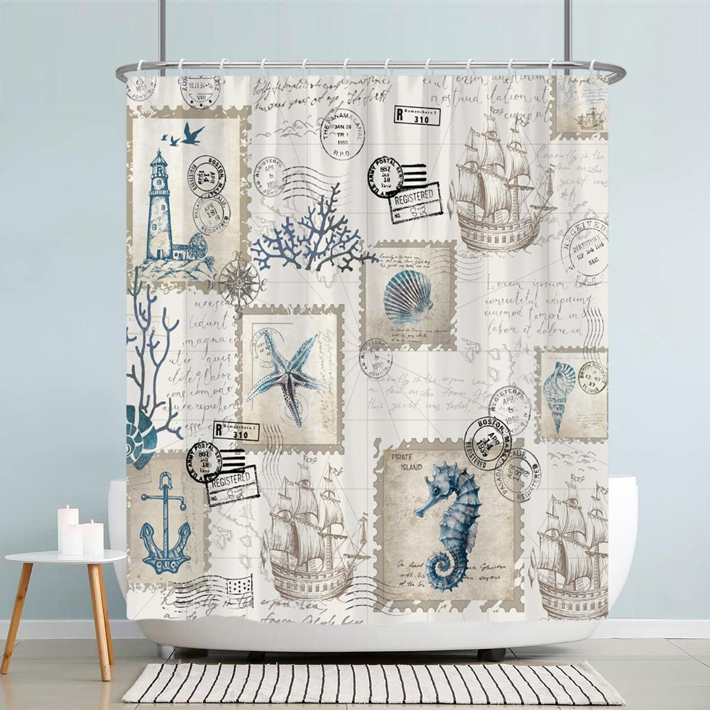 

Ocean Starfish Shower Curtain Underwater Seahorse Coral Sea Turtle Shell Nautical Theme Polyester Shower Curtains Bathroom Decor W60H190(CM)-1 Pcs