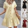 Women's Summer Cotton Linen Midi Dress Casual Short Sleeve V-Neck Button Down Dress Flowy Ruffled A-Line Beach Sundress