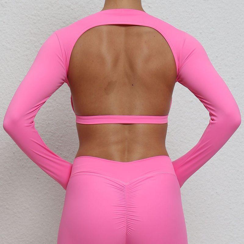 

New Arrival 2025 Exposed Back Back Shaping Padded Sports T-shirt European and American Sexy Running Fitness Top Yoga Long-Sleeved Shirt Barbie Pink Top [with Chest Pad] M