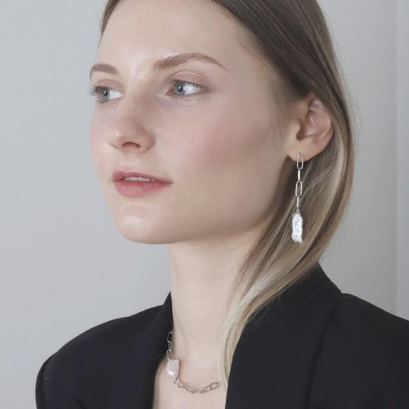 Ozel Silver925 Link Chains Natural Water Pearl Drop Earrings PS156E