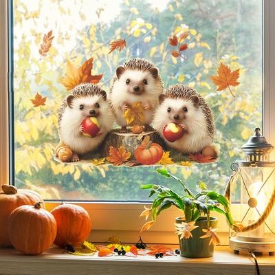 Riccio Carino Che Mangia Mele, Foglie Cadute d'Autunno, Adesivi Decorativi per Finestra di Casa in Vetro
