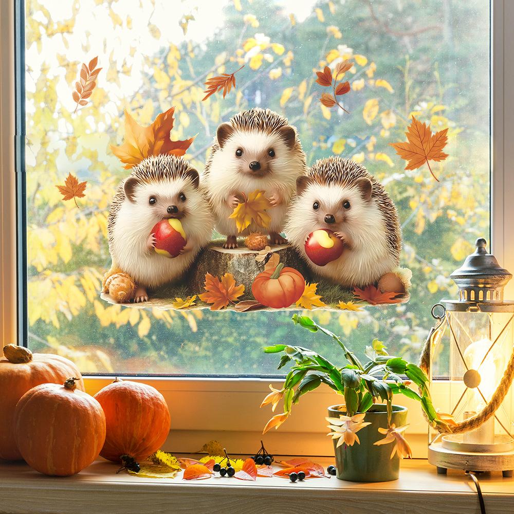 Cute Hedgehog Eating Apples, Autumn Fallen Leaves, Home Glass Window Decoration Stickers