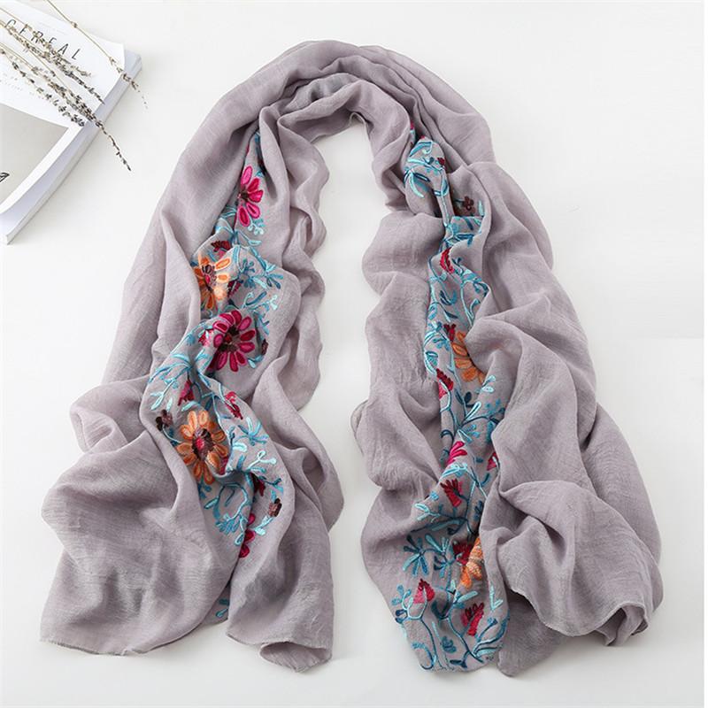 Women Cotton Viscose Shawl Plain Embroider Floral Turban Style Pashmina Wrap Thick Sun Protection Summer Soft Shawl 180*90Cm